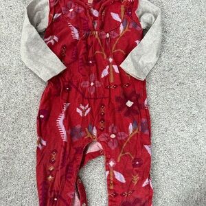Tea Collection Red Floral Baby Romper with Gray Sleeves